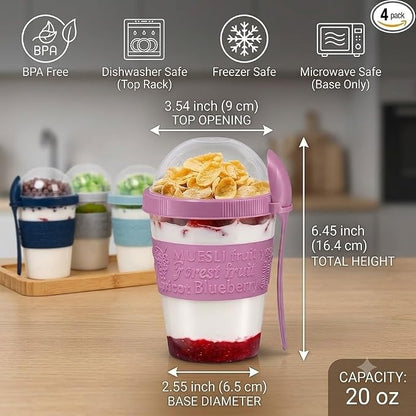 Salda 4 Pack 20 oz Breakfast On the Go Cups, Take and Go Yogurt Cup with Topping Cereal Cup with spoon, Overnight Oats or Oatmeal Container Jar, Colorful Set of 4