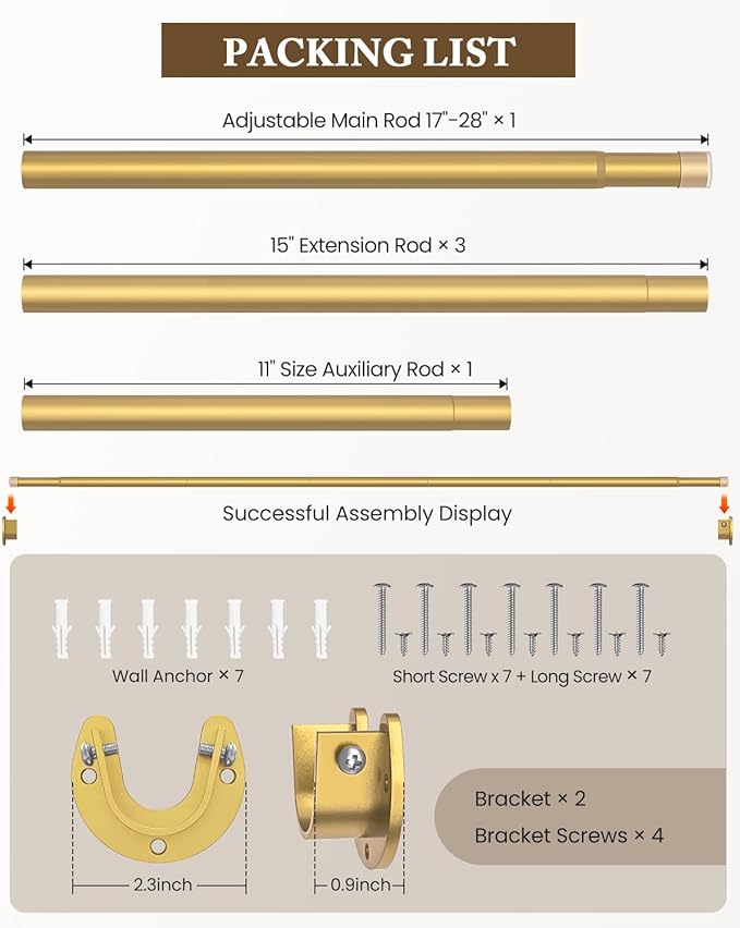 Heavy Duty Closet Rod, 17-84 IN Closet Rods for Hanging Clothes, Gold | Stepless Adjustable, Supports up to 66 lbs, Multiple Size Options, Easy Installation, Multi Purpose , Wall-Mounted