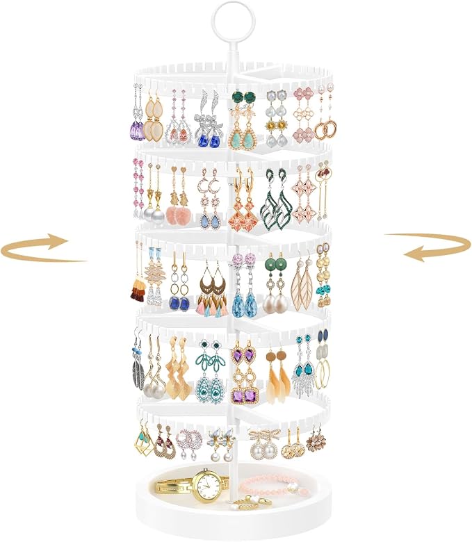 MODOWEY 5 Tier Rotating Earring Holder Organizer Display Tree with Wooden Tray, Adjustable Plastic Stand with 285 Slots for Stud Hoop Hanger, Large Capacity Storage Rack for Women Space Saving, White