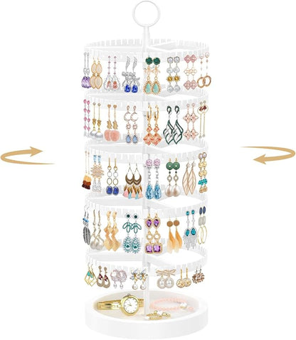 MODOWEY 5 Tier Rotating Earring Holder Organizer Display Tree with Wooden Tray, Adjustable Plastic Stand with 285 Slots for Stud Hoop Hanger, Large Capacity Storage Rack for Women Space Saving, White