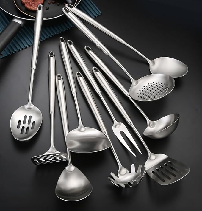 Wok Utensils Tools for Carbon Steel, Stainless Steel Wok Spatula Set,Wok Spatula and Skimmer, Soup Ladle,Meat Fork,4-PiecesCooking Tools & Serving Utensil 15inch