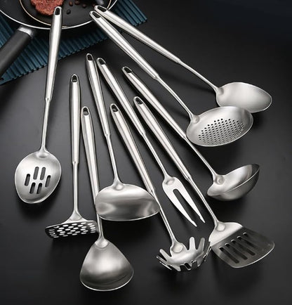 Wok Utensils Tools for Carbon Steel, Stainless Steel Wok Spatula Set,Wok Spatula and Skimmer, Soup Ladle,Meat Fork,4-PiecesCooking Tools & Serving Utensil 15inch