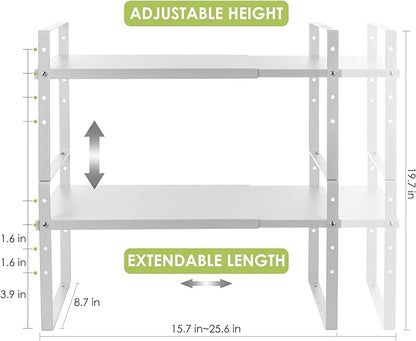 Across-Star Expandable Cabinet Shelf Organizer Rack, Stackable Kitchen Counter Storage Shelves Stand, Adjustable Height Pantry Shelf Spice Rack (White, 2 Pack)