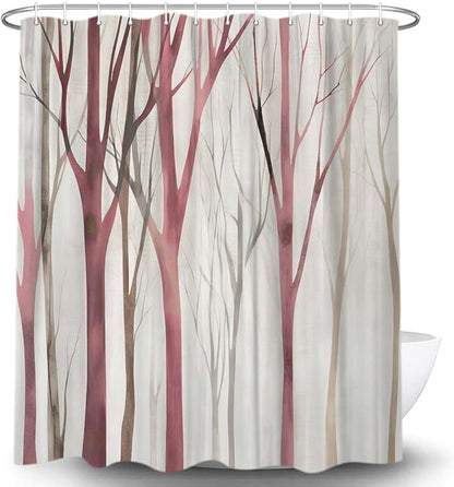 MERCHR Brown Red Tree Fabric Shower Curtain, Art Style Abstract Birch Forest Rustic Wood Polyester Fabric Waterproof Bath Curtain, Farmhouse Bathroom Shower Curtains with Hooks 72X75 Inch