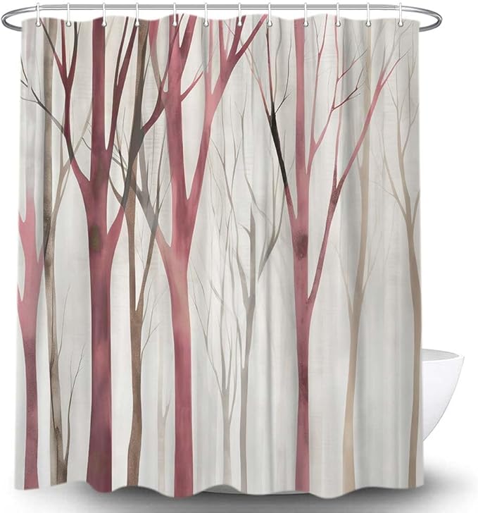 MERCHR Brown Red Tree Fabric Shower Curtain, Art Style Abstract Birch Forest Rustic Wood Polyester Fabric Waterproof Bath Curtain, Farmhouse Bathroom Shower Curtains with Hooks 60X72 Inch