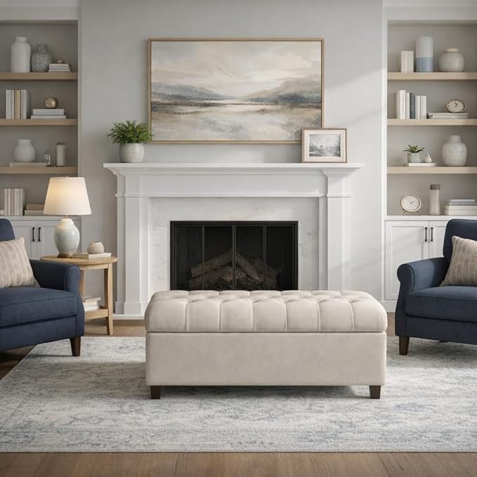 Homepop Home Decor | Tufted Ainsley Button Storage Ottoman Bench with Hinged Lid | Ottoman Bench with Storage for Living Room & Bedroom, Soft Cream, Textured Neutral