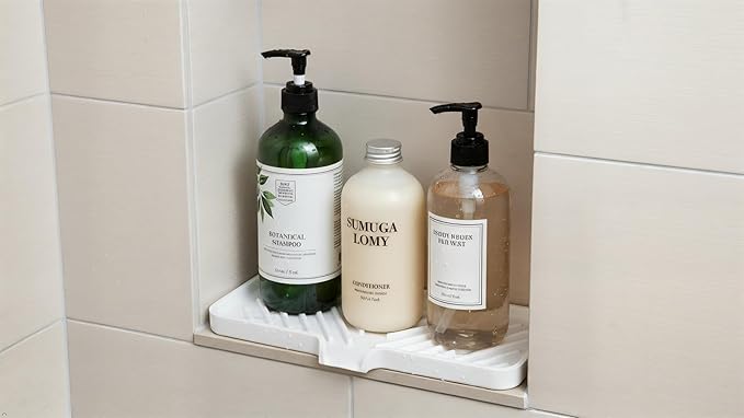 Happitasa Silicone Soap Dish Tray and Sponge Holder with Drain Chute and Feet | 3-Way Sloped Design | Bathroom and Kitchen Sink Organizer Caddy (Sand Dollar, 10"x4")