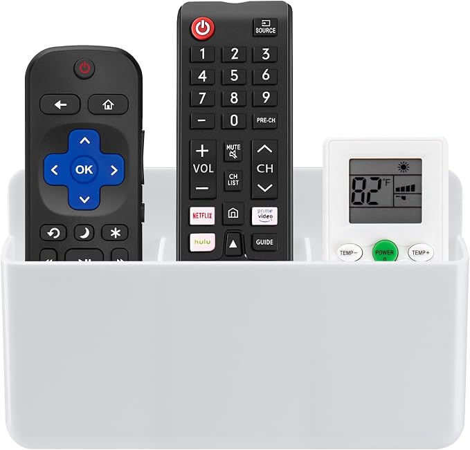 3 Slot Adjustable Remote Control Holder Wall Mount, TV Remote Box Hollow Bottom Slot Easy Phone Charging, Self Adhesive Remote Holder,Wall Pen Holder Storage Accessories for Home Office School (White)