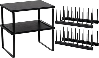 Marsui 4 Pcs Kitchen Organizer Accessories Set Cabinet Organizer Shelf and Bamboo Dish Drying Plate Rack Counter Shelves Storage Holder for Spice Rack, Dish, Pot Lid, Bowl, Cup (Black)