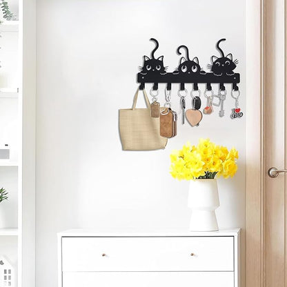 Key Hooks Holder for Wall Mounted with 8 Hooks, Black Cute Cat Key Hanger Rack Wall Decorative for Home, with Mounting Hardware, Dog Leash Holder, Entryway, Hallway, Office Ready to Hang