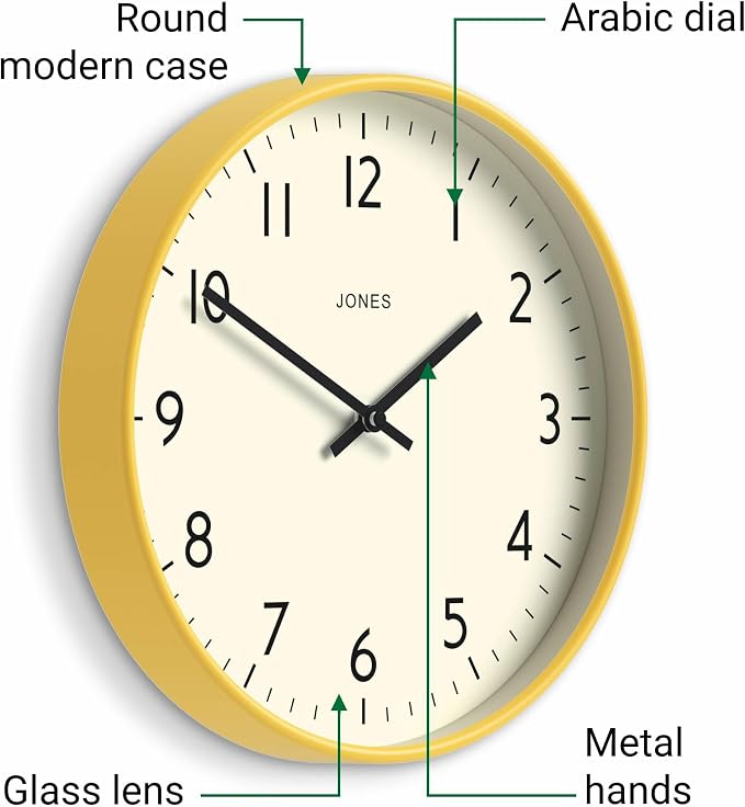 JONES CLOCKS® Studio wall Clock | Modern Round Style | 12 inch | Yellow | Easy to Read Numbers | Versatile Design for Kitchen, Living Room or Office