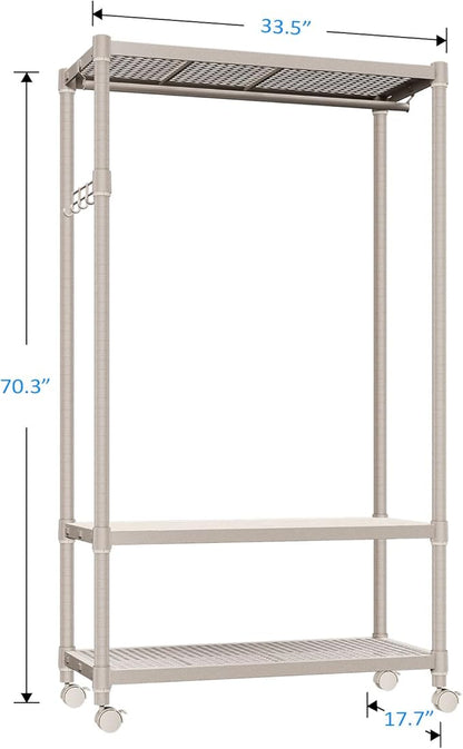 IZEUK Heavy Duty Rolling Garment Rack Wire Clothes Rack for Hanging Clothes (Gold, 3 Tier with 1 Rod, 17.7" D x 33.5" W x 70.3" H)