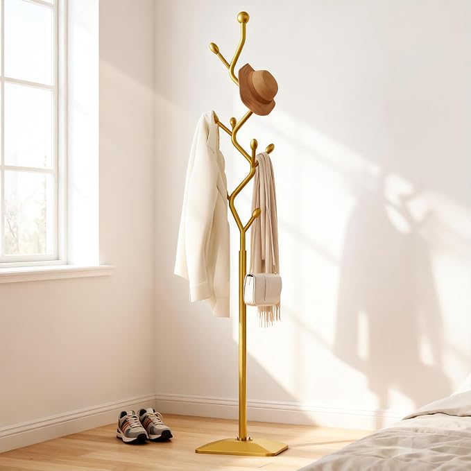 Tree-shaped coat rack stand,Metal coat tree with 8 Hooks and sturdy cast iron base,Heavy Duty coat rack freestanding coat hanger stand for Clothes Hats Scarfs Purses (gold)