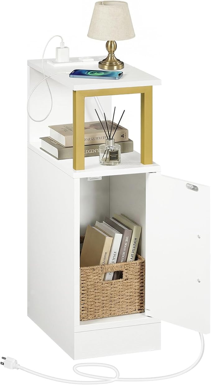 Narrow Nightstand, Bedside Table with Charging Station, Skinny End Table with Cabinet, Modern Night Stand for Small Spaces, Bed Side Cabinet for Bedroom, White and Gold ET27UDW