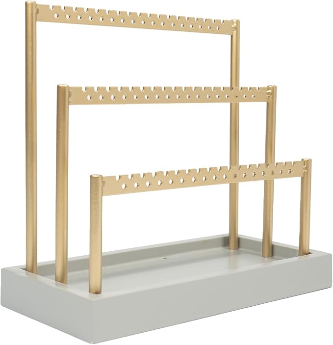 SANY DAYO HOME 3-Tier Earring Holder Organizer Stand, 105 Holes Gold Metal Earring Rack Jewelry Display Tree with Gray Wood Tray for Women and Girls