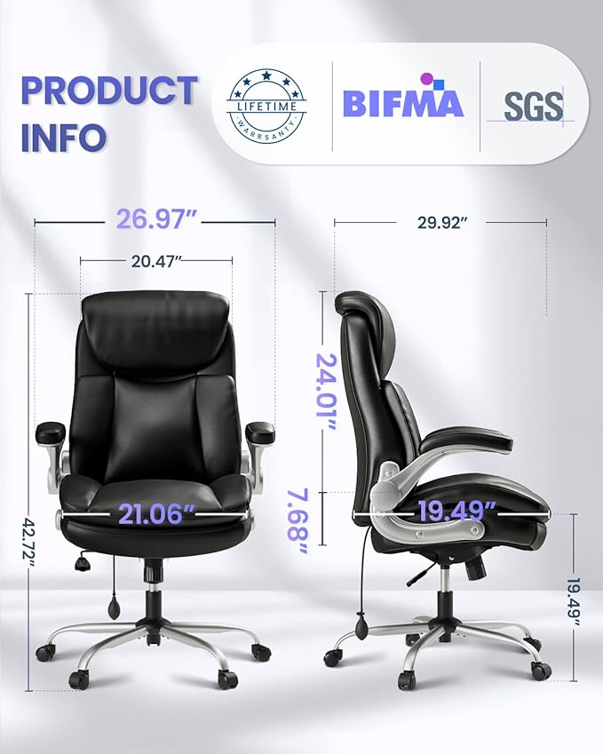 500lbs Executive Office Chair Big and Tall, Adjustable Lumbar Support for Back Pain, BIFMA-Certified Heavy Duty Office Chair Computer Desk Chair with Extra Wide Seat & Thick Armrest Pad