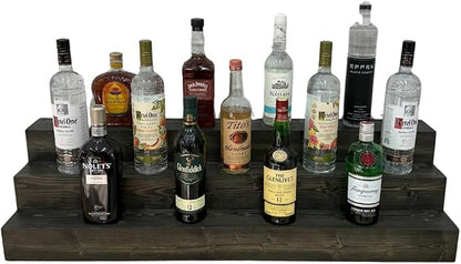 Handmade Tiered Display Shelving - Three Tier Bar Display - Bar Organizer - Liquor Bottle Display (42" with Back, Black)