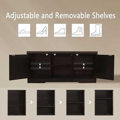DINZI LVJ Shoe Bench, Entryway Storage Bench with Doors, Cushion, 2-Tier Shoe Rack with 6-Cubby, 39.4”L x 13.8”W Shoe Organizer Cabinet, Adjustable Shelf, Living Room, Bedroom, Espresso