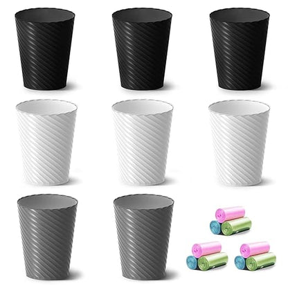 Bathroom Trash Can, 8 Pack 1.8 Gallons Small Trash Can with Trash Bags, Bathroom Garbage Can, Plastic Trash Bin, Round Waste Basket for Bedroom, Office, Kitchen, Room, Compact Space (White Black Grey)