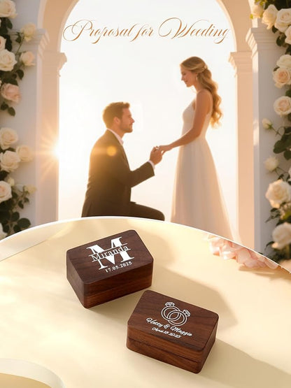 Custom4U Personalized Double Ring Box for Wedding Day Wooden Ring Holder with Name Custom Ring Bearer for Bride Groom Gifts