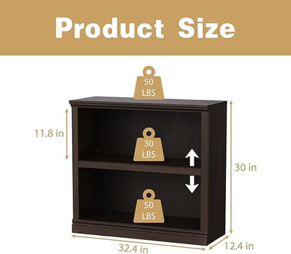blini 2-Shelf Bookcase Wooden Bookshelves 33in Wide Floor Standing Display Storage Shelves Oak Bookcase for Home Office, Living Room, Bed Room
