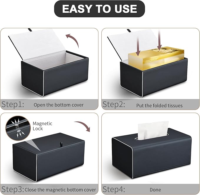 KINGFOM Tissue Box Cover, PU Leather Rectangular Tissue Box Holder with Magnetic Bottom Cover for Facial Tissues/Napkins, Office & Living Room Decor Box (Black)