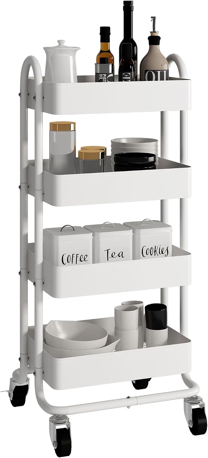 4 Tier Metal Rolling Cart with Wheels,4 Tier Utility Cart with Wheels for Office,Home,Kitchen,Garden（13.4"x18.1"x40"） White