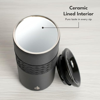 Elemental Artisan Inner Ceramic Coating Tumbler, Triple Wall Coffee Travel Mug, Reusable Stainless Steel Coffee Tumbler with Ceramic Lid for Hot (6 Hrs) & Cold (18 Hrs), 16oz - Black