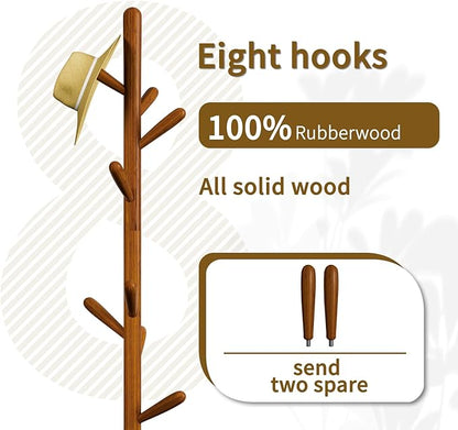 Solid Wood Round Base Coat Rack, Free Standing Hall Coat Tree with 8 Hooks（+2 spare for Coats, Hats, Bags, Purses, for Entryway, Hallway, Rubberwood Hooks,Base and Pole(Round Base,Brown)