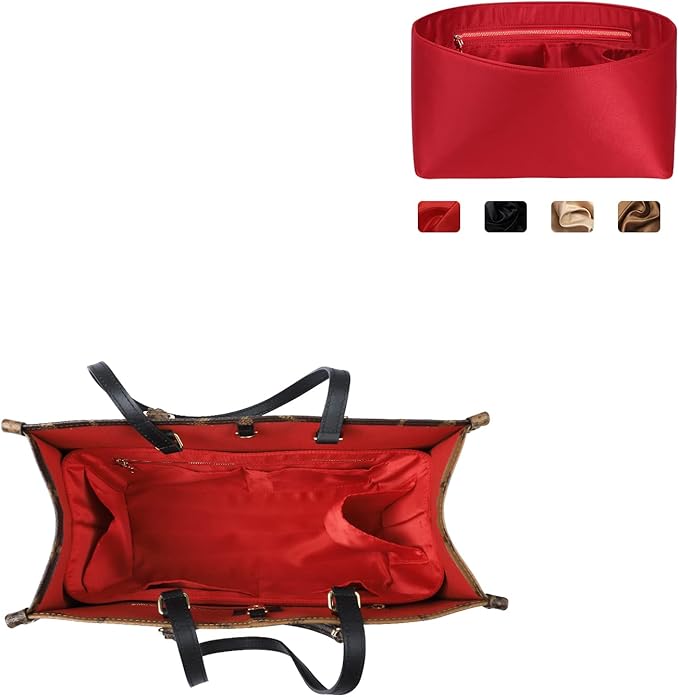 ZTUJO Purse Organizer Insert For Handbags, Silk Purse Organizer with Zipper, Silky Smooth, Bag Organizer For Speedy Neverfull Tote,onthego,Artsy, 6 Sizes(Small, Silky Red)
