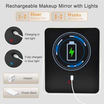 YEKKOPT Portable Desk Vanity Mirror with Lights,12"×10" Small Rechargeable Makeup Mirror with Lights,Smart Touch Screen with 3-Color Lighting,Dimmable,for Dorm Tabletop,Bedroom,Decor