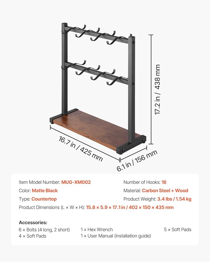 VEVOR Coffee Mug Holder for Countertop, 16 Hooks Coffee Cup Holder with Storage Base, 2 Tier Mugs Tree Rack Carbon Steel & Wood Mug Display Stand, for Coffee Bar Home Storage and Display