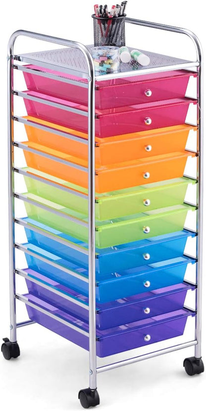 RELAX4LIFE 10 Drawer Rolling Cart, Slim Storage Cart w/Lockable Wheels for Classroom School Teacher Office, Art Supplies Paper Scrapbook Craft Organizers, Utility Cart with Drawers (Color)