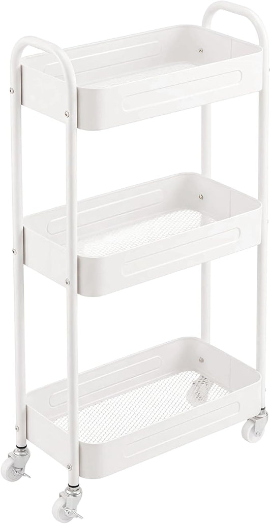 3 Tier Narrow Rolling Storage Cart for Laundry Room Bathroom Kitchen, 7.1'' Slim Utility Cart with Wheels and Lockable Casters Standing Shelf for Small Space & Between Washer and Dryer, White