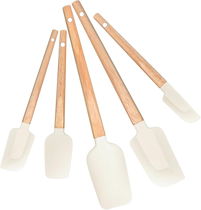New Year Healthy Cooking, Non-Stick Rubber Scraper Set of 5 Pieces - Food Grade Silicone Scraper, Soup Spoon Scraper, Baking Cooking Mix Frosting Scraper - 600°F Heat Resistant (Cream White)