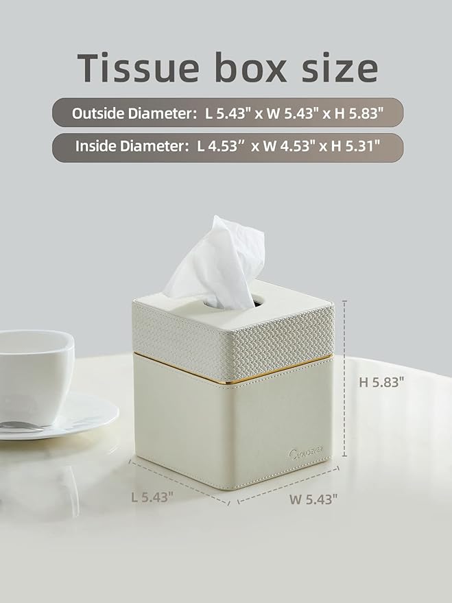 Cloudever Tissue Box Holder Cover Square, Modern PU Leather Decorative Tissue Cube Holder Organizer-Woven White