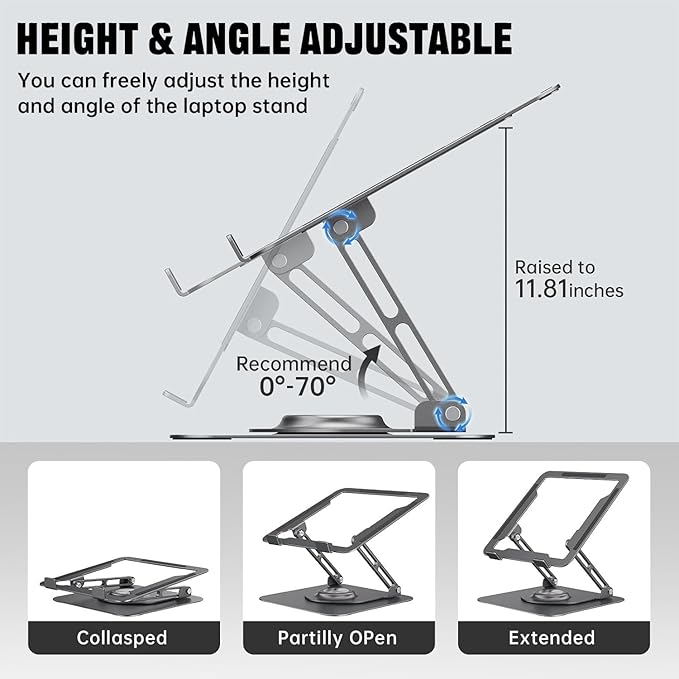 JOYEKY Laptop Stand for Desk, Adjustable Computer Stand with 360° Rotating Base, Ergonomic Laptop Riser for Collaborative Work, Foldable & Portable Laptop Stand, fits for All 10-16" Laptops