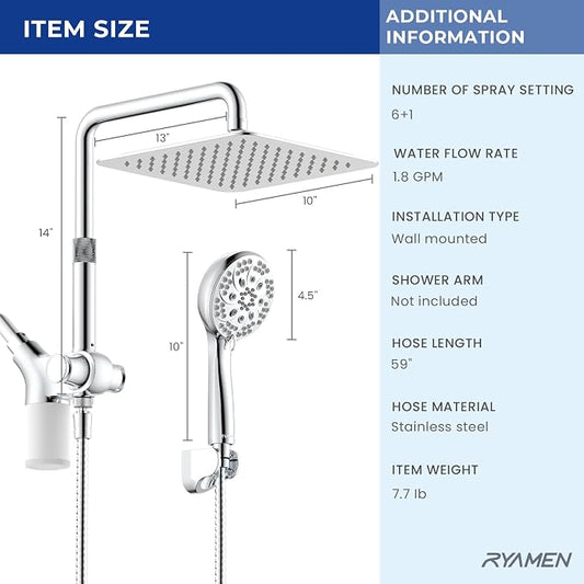 Ryamen Upgraded Dual Shower Heads Combo, 10 inch Filtered Shower Head with Handheld, 3-Way Rain Shower Head with Filters, 7 Settings Handheld Spray, High Pressure, Height Adjustable (Silver)
