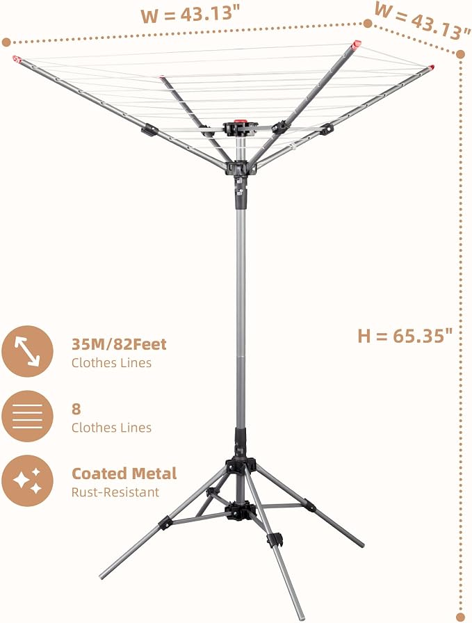 STORAGE MANIAC Portable Umbrella Clothes Drying Rack 8 Lines with 82 Feet Drying Space, Steel Frame & Adjustable Height, 4-arm Umbrella Clothesline for Laundry, Collapsible Indoor & Outdoor Drying