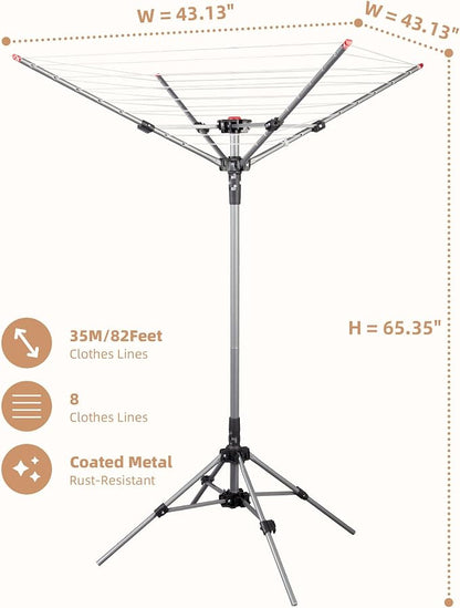 STORAGE MANIAC Portable Umbrella Clothes Drying Rack 8 Lines with 82 Feet Drying Space, Steel Frame & Adjustable Height, 4-arm Umbrella Clothesline for Laundry, Collapsible Indoor & Outdoor Drying
