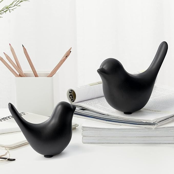 WhimWove 2 Pcs Ceramic Small Bird Figurines Modern Animal Statues for Home 、Room Decor and Bedroom Decor and Bookshelf Display (Black)