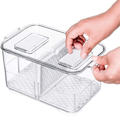 Slideep 9'' Food Storage Containers, Stackable Fridge Produce Saver with Lids, Removable Drain Tray Drawers Refrigerator Produce Keeper with Strainer for Veggie, Berry, Fruits, Vegetables -2 Packs