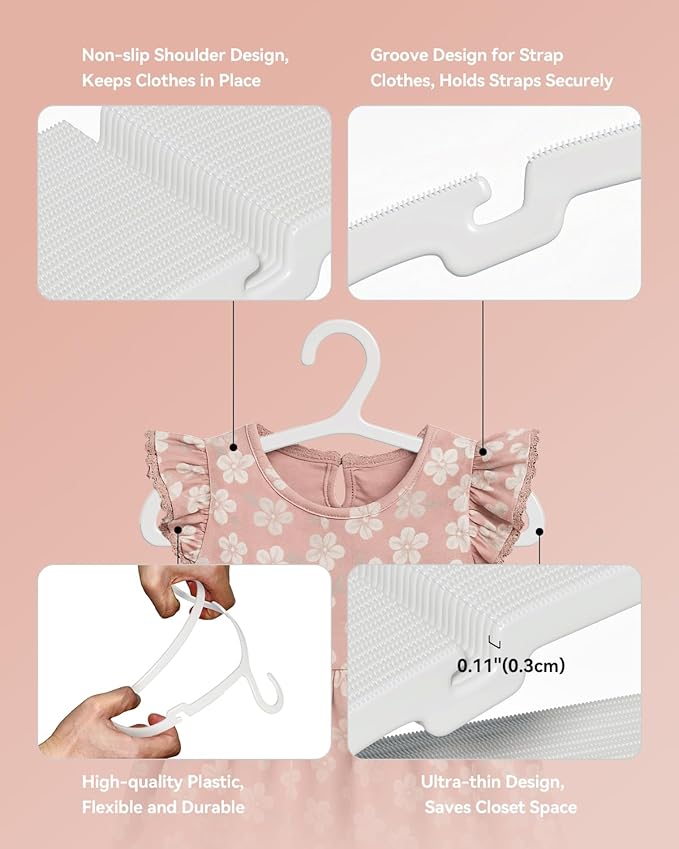 Plastic Baby Hangers, Pack of 60, Ultra Slim Closet Hangers, Non-Slip, Space-Saving, Sturdy, 11" W x 6.1" H (for Children Aged 0-6 Years), White, UAPY0660W
