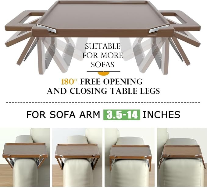 Smatdecis Couch Arm Tray Table Sofa Arm Clip, Armrest Tray Table Suitable for Home Drinks/Fast Food/Fruit Etc, Large Size Multi-Function Brown(Dual Phone/Tablet Holder)