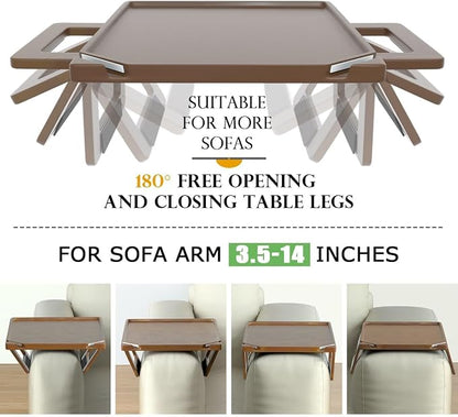 Smatdecis Couch Arm Tray Table Sofa Arm Clip, Armrest Tray Table Suitable for Home Drinks/Fast Food/Fruit Etc, Large Size Multi-Function Brown(Dual Phone/Tablet Holder)