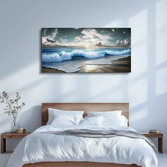 MHARTK66 Blue Ocean Canvas Wall Art Large Paintings For Living Room Landscape Nature Artwork For Walls Beach Wall Decor For Bedroom Wall Art Waves Pictures For The Dining Room Easy Hanging 20x40