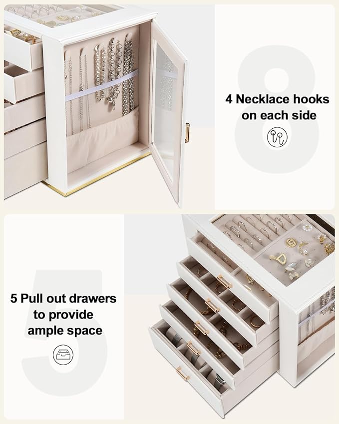 GUOER Jewelry Box 5 Layer for Women, Glass Lid Jewelry Organizer with 5 Drawers for Necklaces Rings Earrings Bracelets, Functional PU Leather Jewelry Storage Case Holder (White)