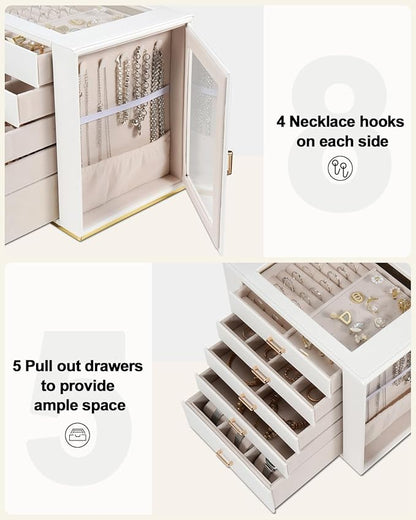 GUOER Jewelry Box 5 Layer for Women, Glass Lid Jewelry Organizer with 5 Drawers for Necklaces Rings Earrings Bracelets, Functional PU Leather Jewelry Storage Case Holder (White)