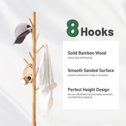 kiplant Coat Rack Freestanding, Bamboo Wood Coat Stand with 8 Hooks,3 Adjustable Size,Easy Assembly NO Tools Required, Coat Tree Hanger Stand for CoatsScarves in Hallway