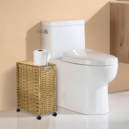 Toilet Paper Storage Basket with Lid and Wheels, Rattan Toilet Paper Holder Storage, Toilet Paper Organizer for Bathroom, Bedroom, Kitchen, 12.6”L x 7.1”W x 17.14”H, Naturall